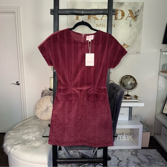 Rouje Paris Auxane Velour Corduroy Short Mini Dress in Cerise Burgundy - Picture 5 of 12